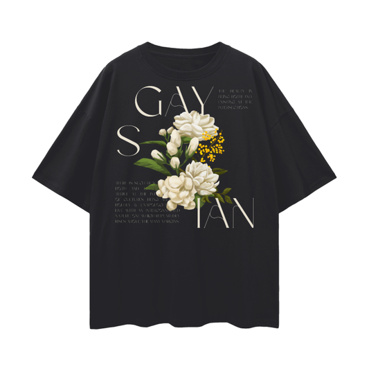 Gaysian Graphic T-Shirt Asian and Gay Pride Tee Vintage Flowers on Black Oversize Deep Drop Shoulder Tee - 190 GSM