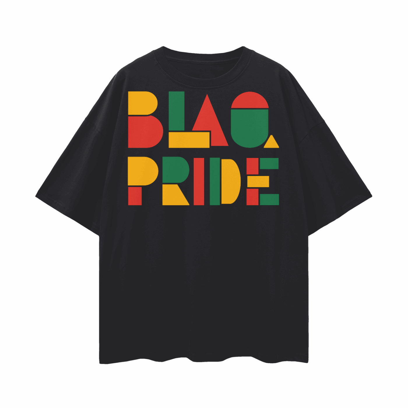 BlaQ Pride Geometric Lettering Red Yellow Green on Black Oversize Deep Drop Shoulder Tee
