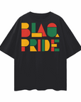 BlaQ Pride Geometric Lettering Red Yellow Green on Black Oversize Deep Drop Shoulder Tee