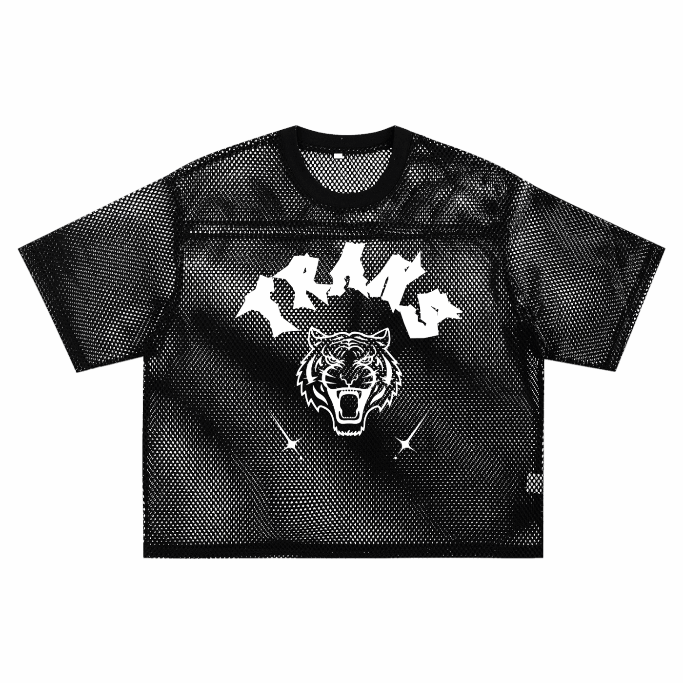 Trans Pride Tattoo Inspired Design on front of Black See-through Boxy Net T-shirt See-through Boxy Net T-Shirt