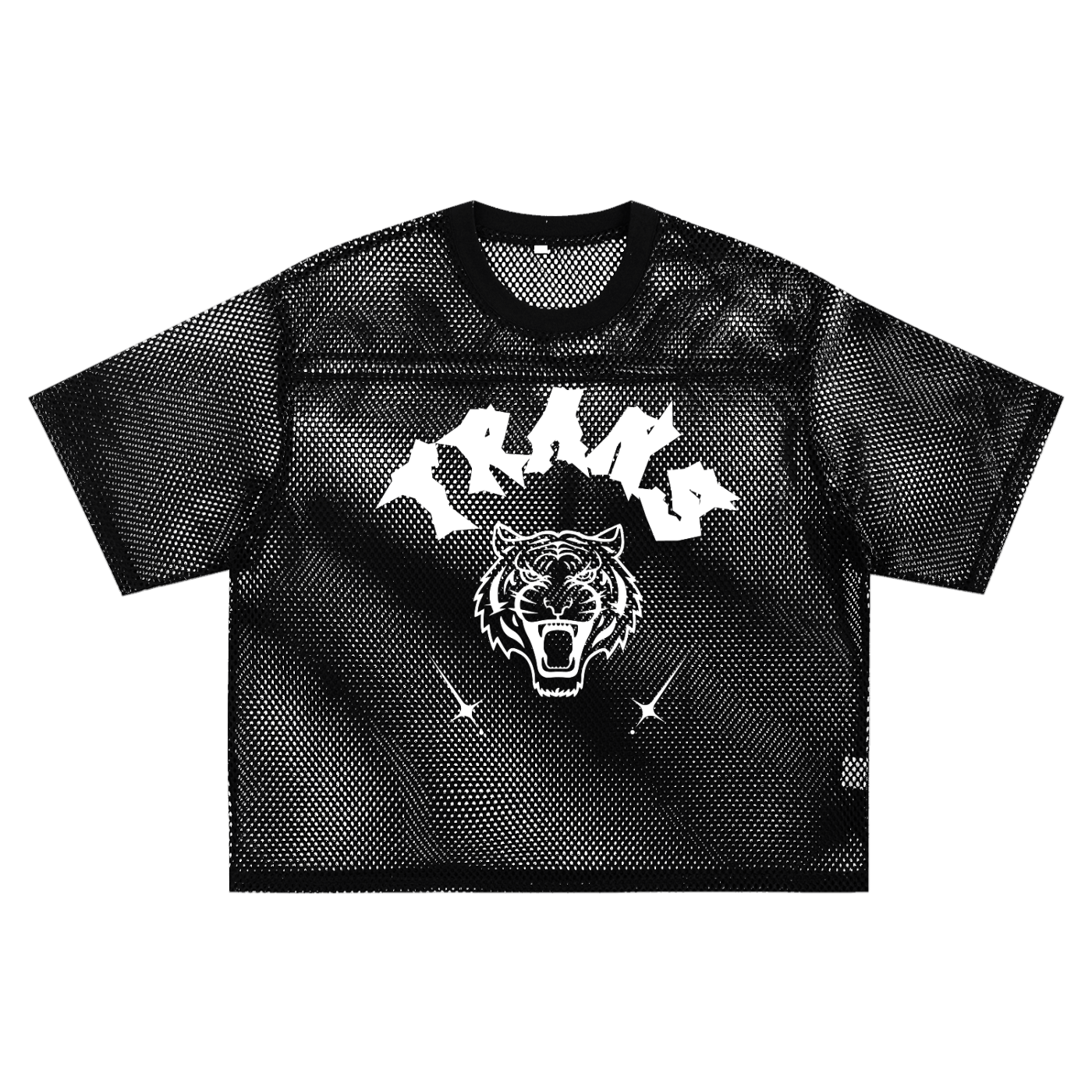 Trans Pride Tattoo Inspired Design on front of Black See-through Boxy Net T-shirt See-through Boxy Net T-Shirt