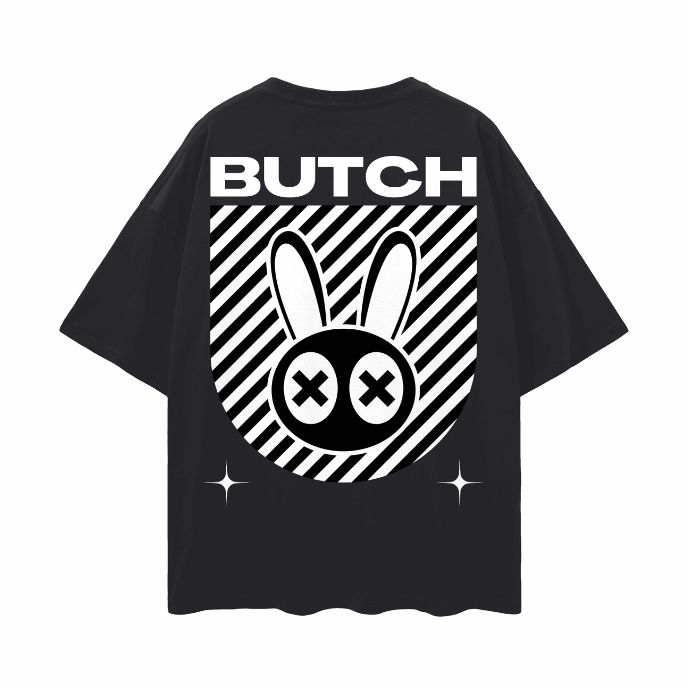 Butch Pride Graphic T-Shirt Mad Rabbit Style on back of Black Oversize Deep Drop Shoulder Tee