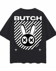 Butch Pride Graphic T-Shirt Mad Rabbit Style on back of Black Oversize Deep Drop Shoulder Tee