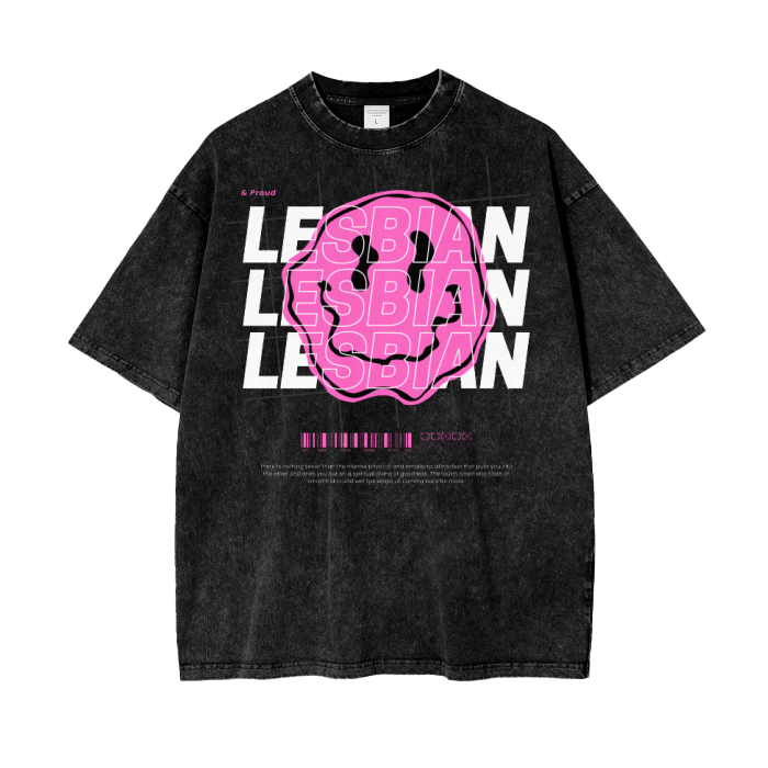 Lesbian Streetwear Style Pink Smiley Graphic Tee on Black Acid Wash Oversize T-Shirt - 250 GSM