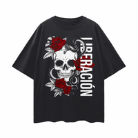 Liberación Skull & Roses Tattoo Inspired Design front of Black Oversize Tee Oversize Deep Drop Shoulder Tee - 190 GSM
