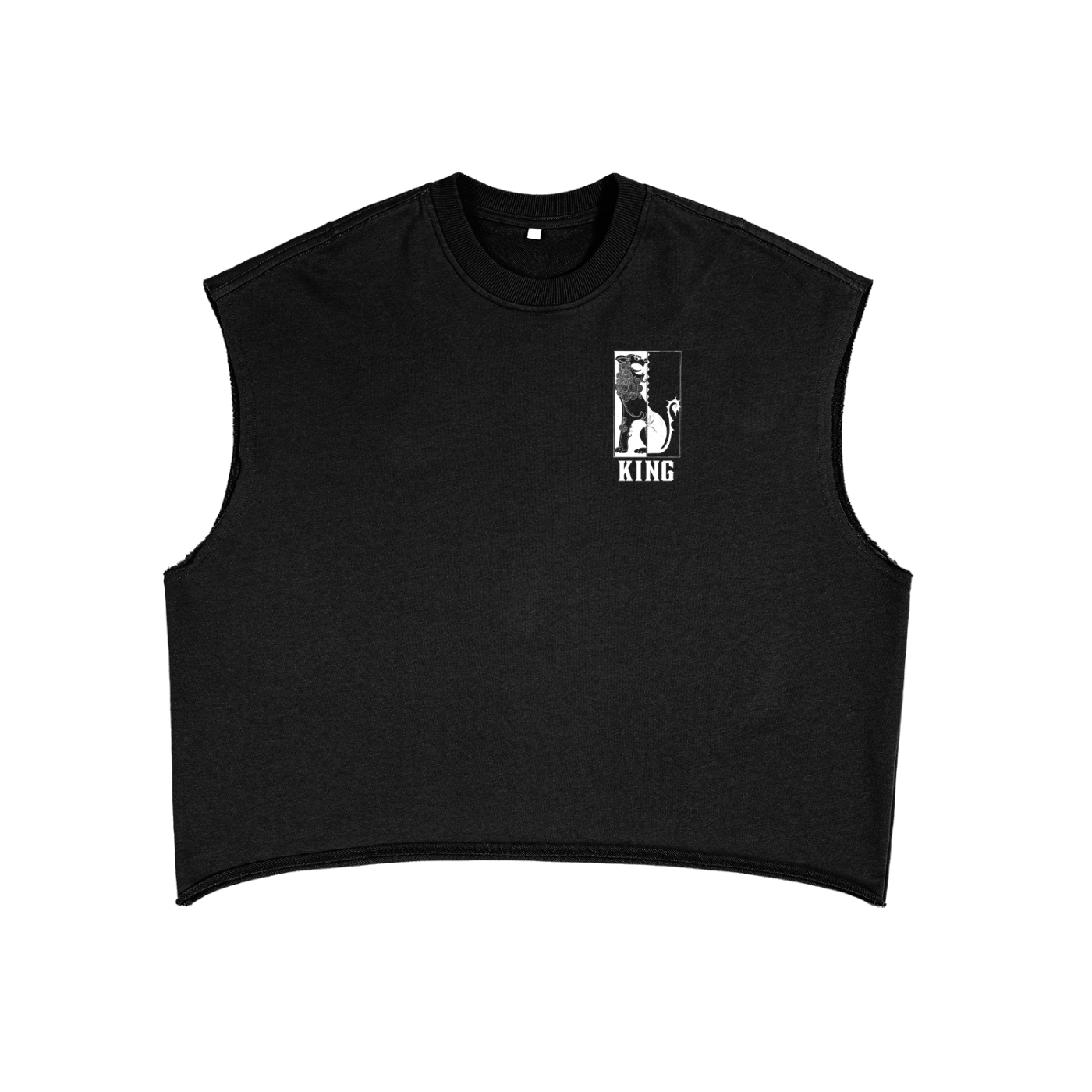 King Left Chest Asian Lion Design on Front of Black French Terry Boxy Tank Top French Terry Boxy Tank Top