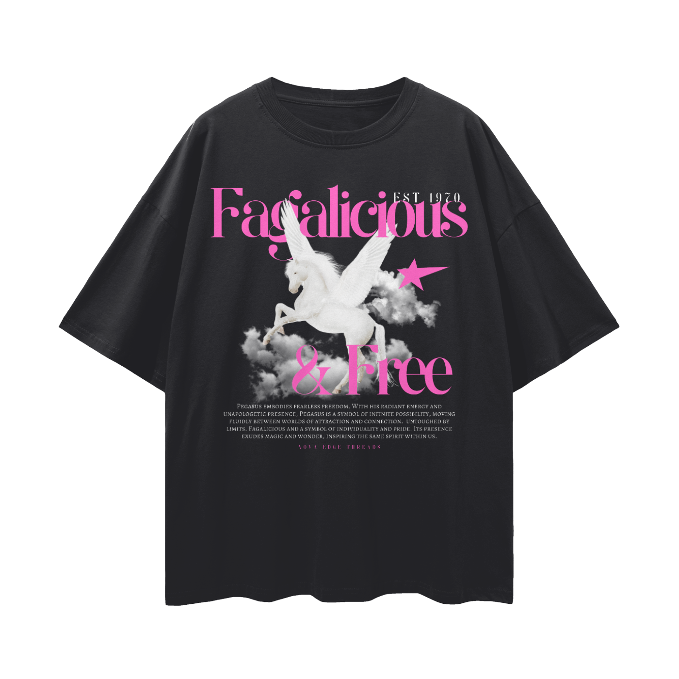 Fagalicious & Free Black Pink Pegasus Graphic Tee Bisexual Pride Oversize Tee Oversize Deep Drop Shoulder Tee - 190 GSM