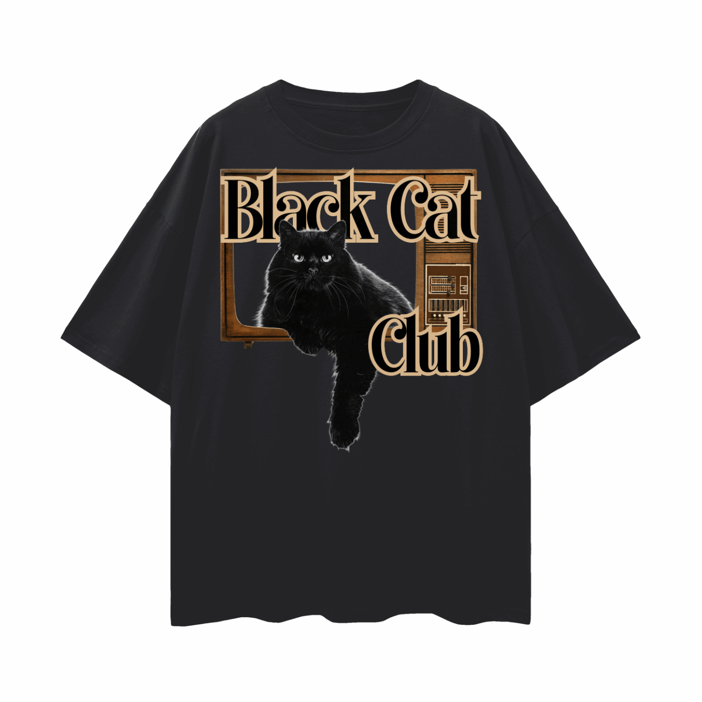 Black Cat Club Vintage Style Graphic T-Shirt Black Oversize Deep Drop Shoulder Tee