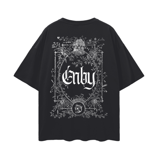 Enby Gothic Graphic Tee Design Non-Binary Pride on Black Oversize Deep Drop Shoulder Tee - 190 GSM