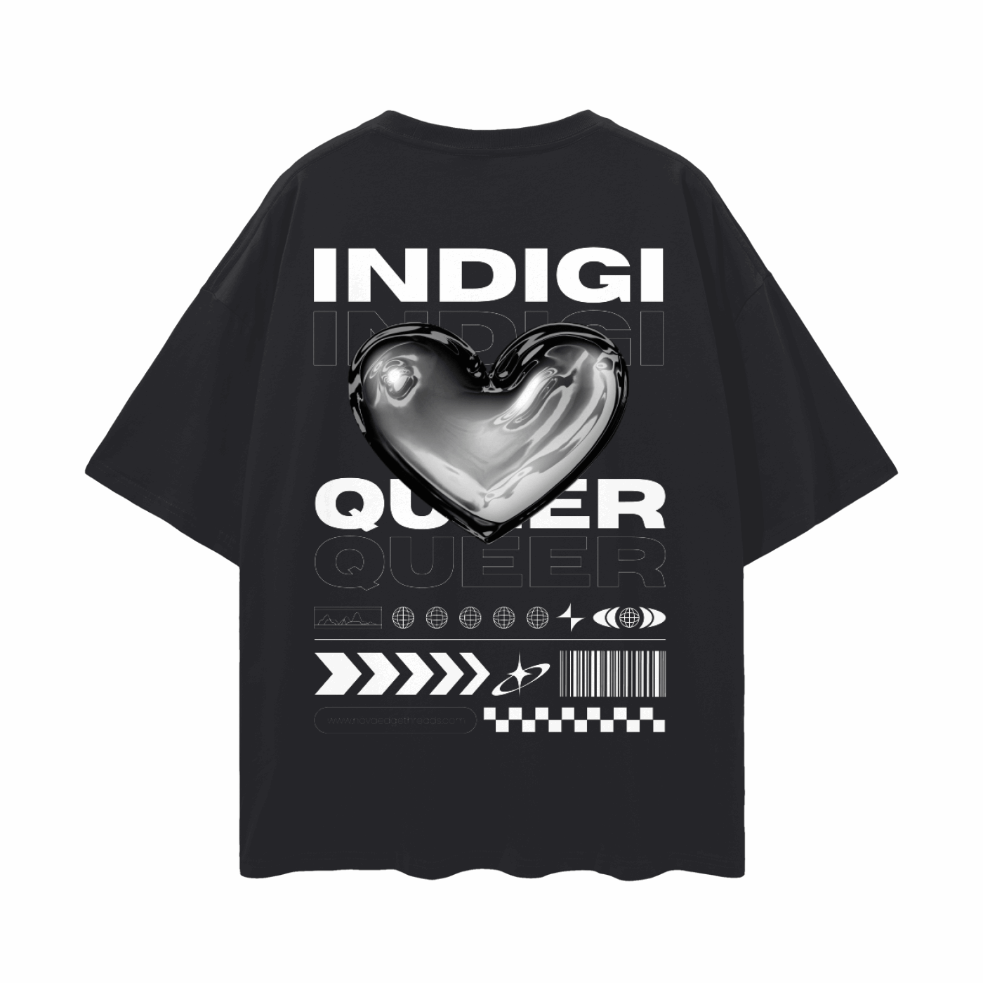 Indigiqueer Pride Chrome Heart Modern Streetwear Black Oversize Deep Drop Shoulder Tee