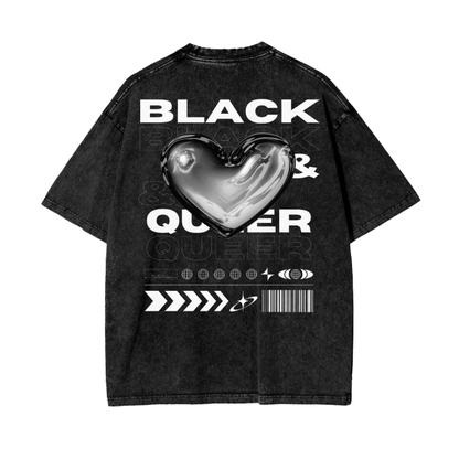 Chrome Heart Black & Queer Graphic Tee Streetwear Style on Black Acid Wash Oversize T-Shirt - 250 GSM