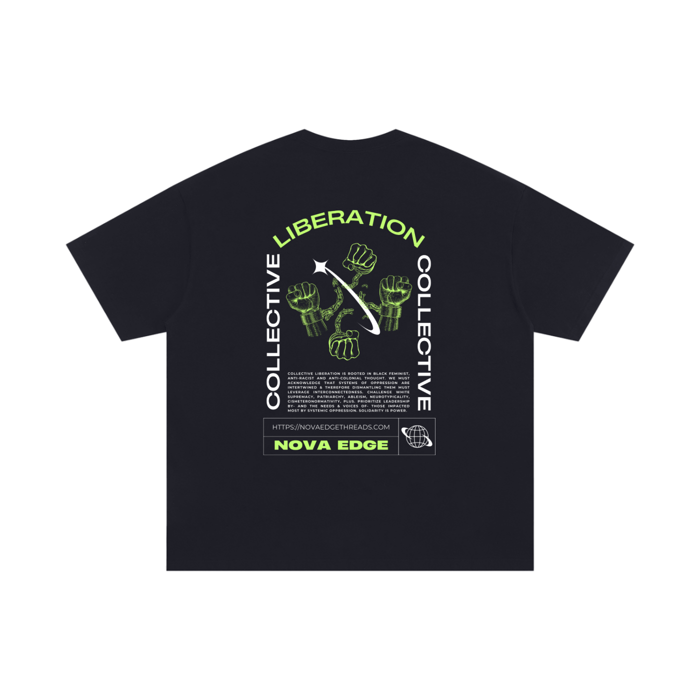 Collective Liberation Protest Tee back of Black Size Inclusive Oversize Tee Size Inclusive Oversize Tee