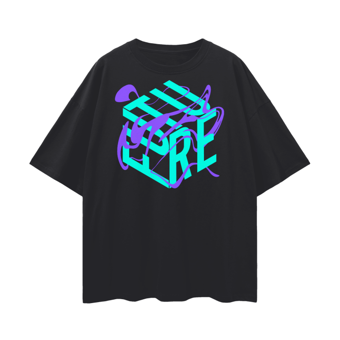 Future is Fluid Graphic Tee Teal and Purple Surreal Graphic Tee on front of Black Oversize Deep Drop Shoulder Tee - 190 GSM