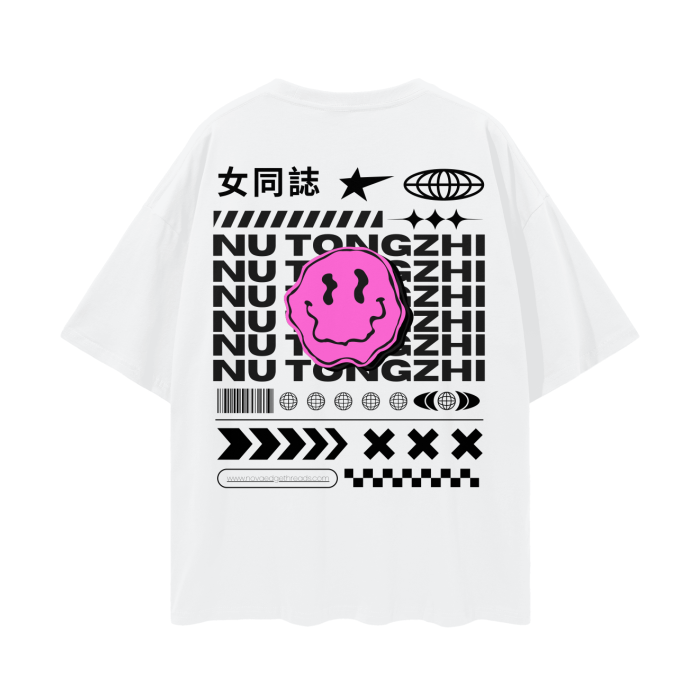 NuTongzhi Intersectional Pride Chinese Streetwear Graphic Tee on White Oversize Deep Drop Shoulder Tee - 190 GSM