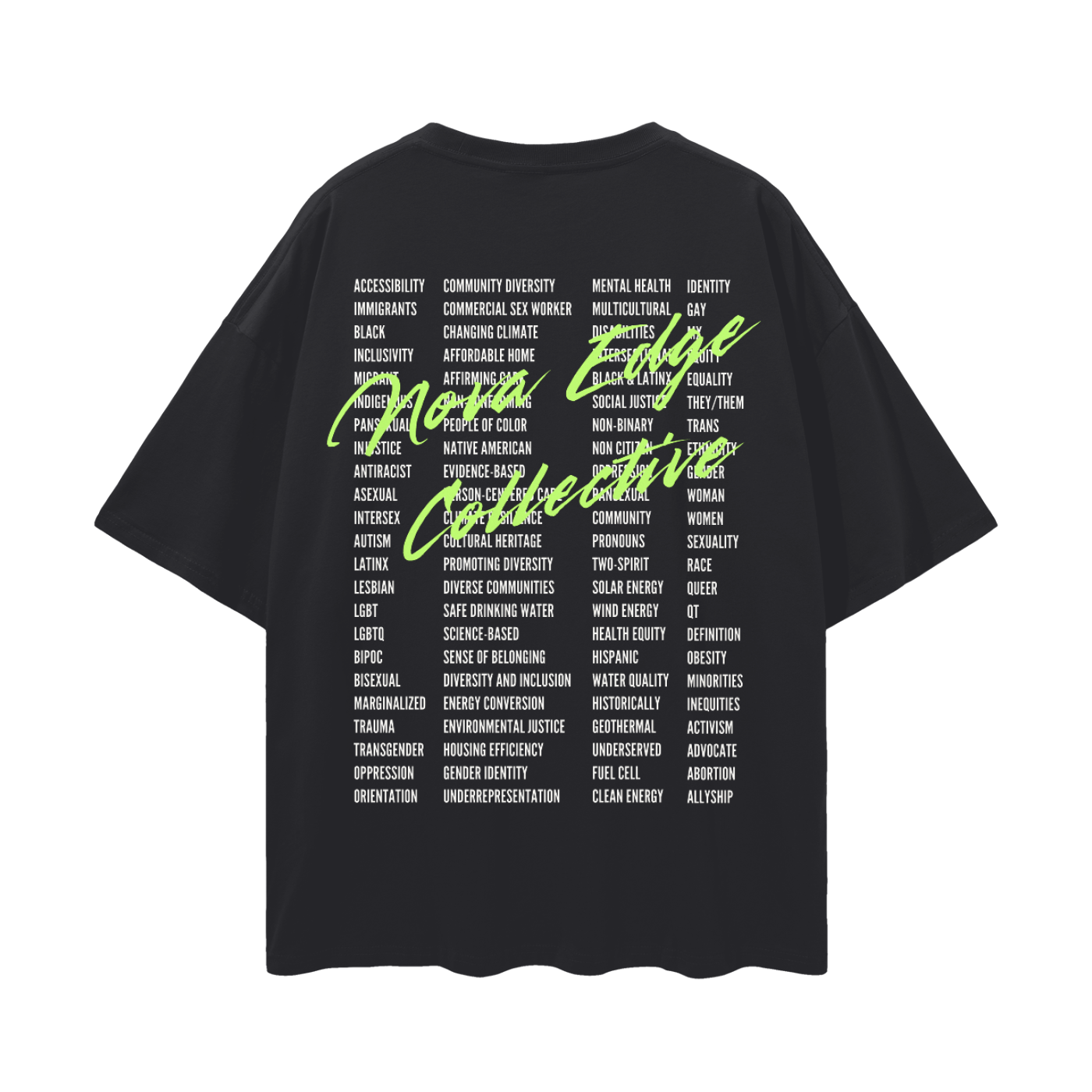 List of banned words down the back of an oversized Tee and bright green script lettering saying Nova Edge Collective across the back