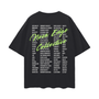 List of banned words down the back of an oversized Tee and bright green script lettering saying Nova Edge Collective across the back