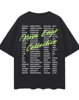 List of banned words down the back of an oversized Tee and bright green script lettering saying Nova Edge Collective across the back