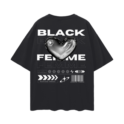 Black Femme Streetwear Fashion Chrome Heart on Black Oversize Deep Drop Shoulder Tee - 190 GSM