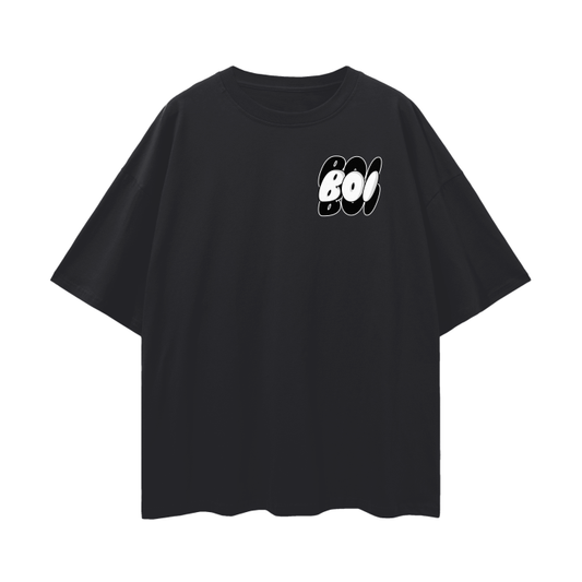 Boi in Graffiti Style Bubble Lettering Left Chest Front Graphic Tee Black Oversize Deep Drop Shoulder Tee - 190 GSM