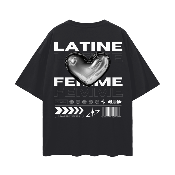 Latine & Femme Chrome Heart Streetwear Pride Gear on Black Oversize Deep Drop Shoulder Tee - 190 GSM