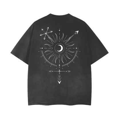 Transgender Symbol v2 Celestial Design on Black Gray Vintage Wash Frayed T-Shirt - 260 GSM