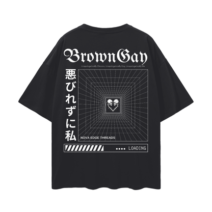 Unapologetically Brown Gay Pride Japanese Streetwear Style on back of Black Oversize Deep Drop Shoulder Tee - 190 GSM