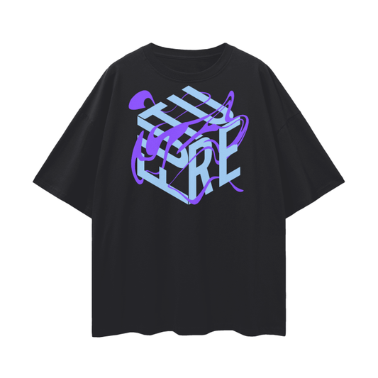 Light Blue and Purple Fluid Future Abstract Surrealism Graphic on front of Black Oversize Deep Drop Shoulder Tee - 190 GSM