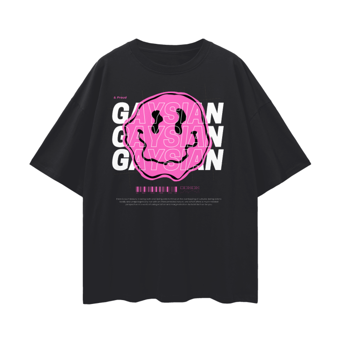 Gaysian & Proud Pink Smiley Face Graphic Streetwear Tee Black Oversize Deep Drop Shoulder Tee - 190 GSM