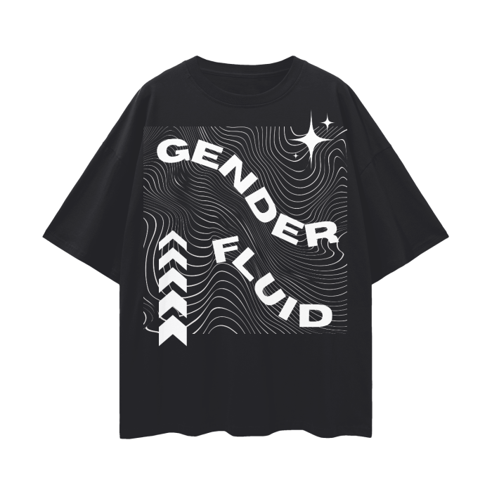 Genderfluid Pride Shirt Streetwear Style Gender Fluid Graphic Tee on Black Oversize Deep Drop Shoulder Tee - 190 GSM