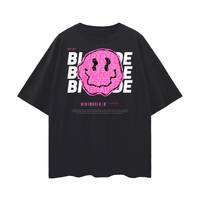 Bi-Pride Graphic Tee Pink Smiley Bisexual+ Pride & Not Shy on front of Black Oversize Deep Drop Shoulder Tee - 190 GSM Oversize Deep Drop Shoulder Tee - 190 GSM
