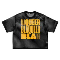BlaQueer Orange on Black Mesh Work Block Art See-through Boxy Net T-Shirt