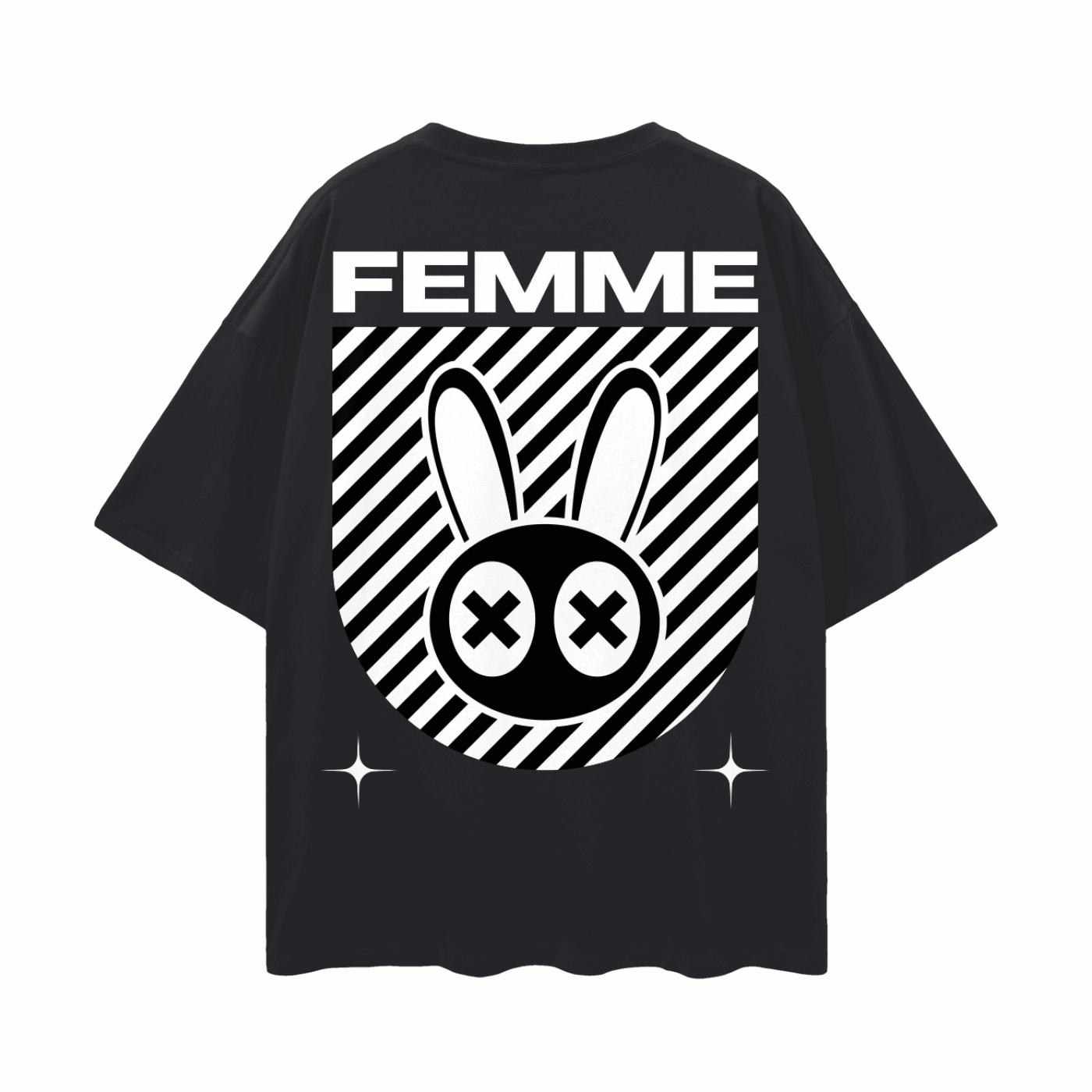 Femme Pride Mad Rabbit Graphic T-shirt on back of Black Oversize Deep Drop Shoulder Tee