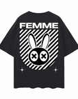 Femme Pride Mad Rabbit Graphic T-shirt on back of Black Oversize Deep Drop Shoulder Tee