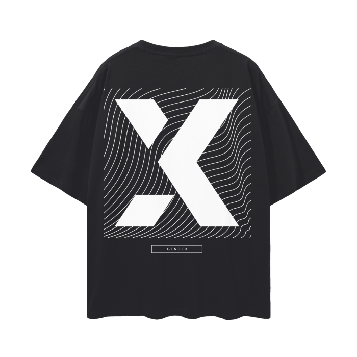 X Gender Graphic Tee Japanese Streetwear Fashion on Black Oversize Deep Drop Shoulder Tee - 190 GSM