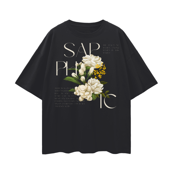 Sapphic Pride T-Shirt WLW Graphic Tee on front of Black Oversize Deep Drop Shoulder Tee - 190 GSM