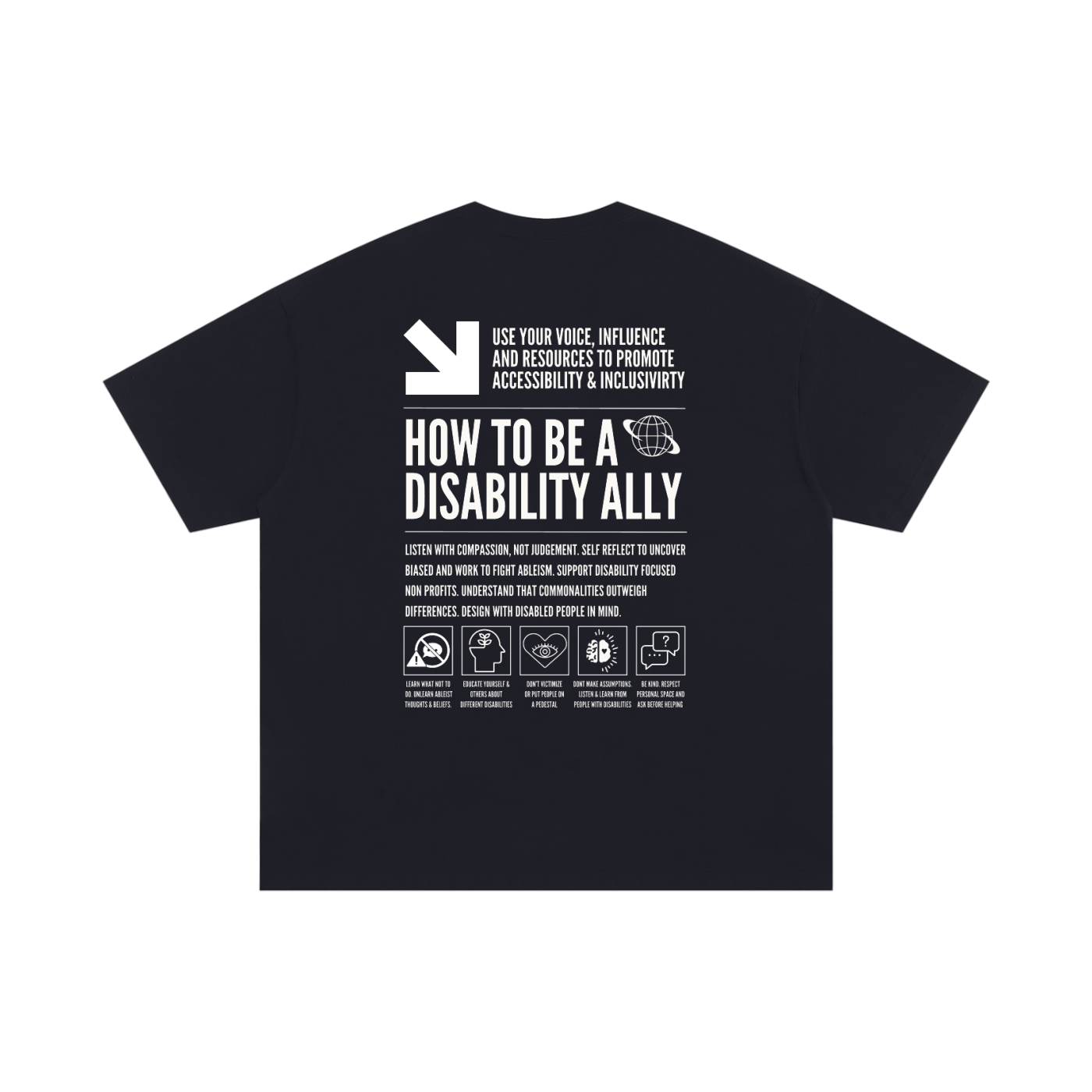 How to be a Disability Ally Graphic on back of Size Inclusive Oversized Tee Size Inclusive Oversize Tee