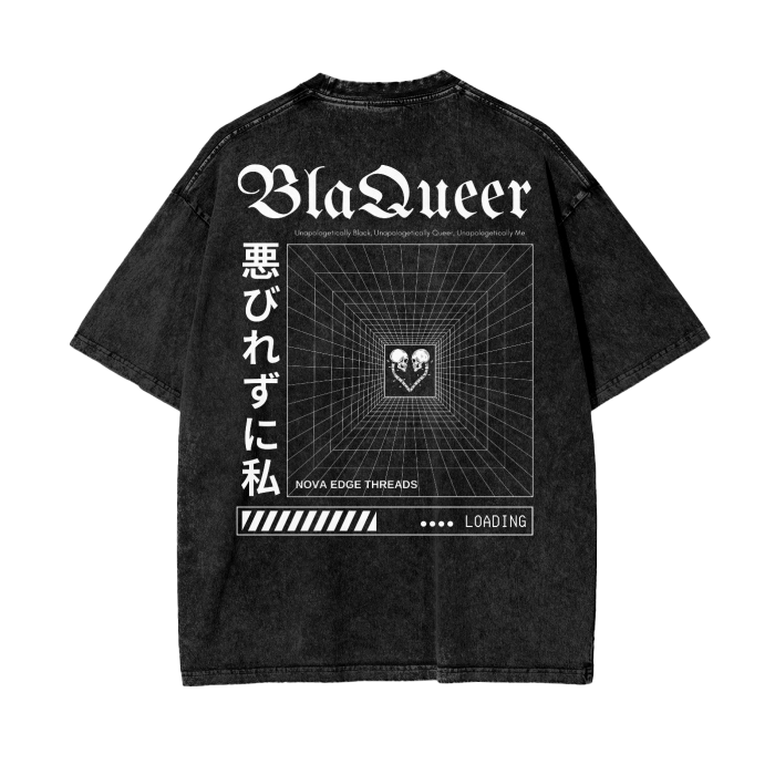 Unapologetically BlaQueer Graphic Tee Streetwear Design on Black Acid Wash Oversize T-Shirt - 250 GSM