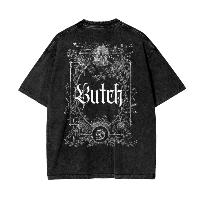 Butch Gothic Designed Graphic Tee on Black Acid Wash Oversize T-Shirt - 250 GSM