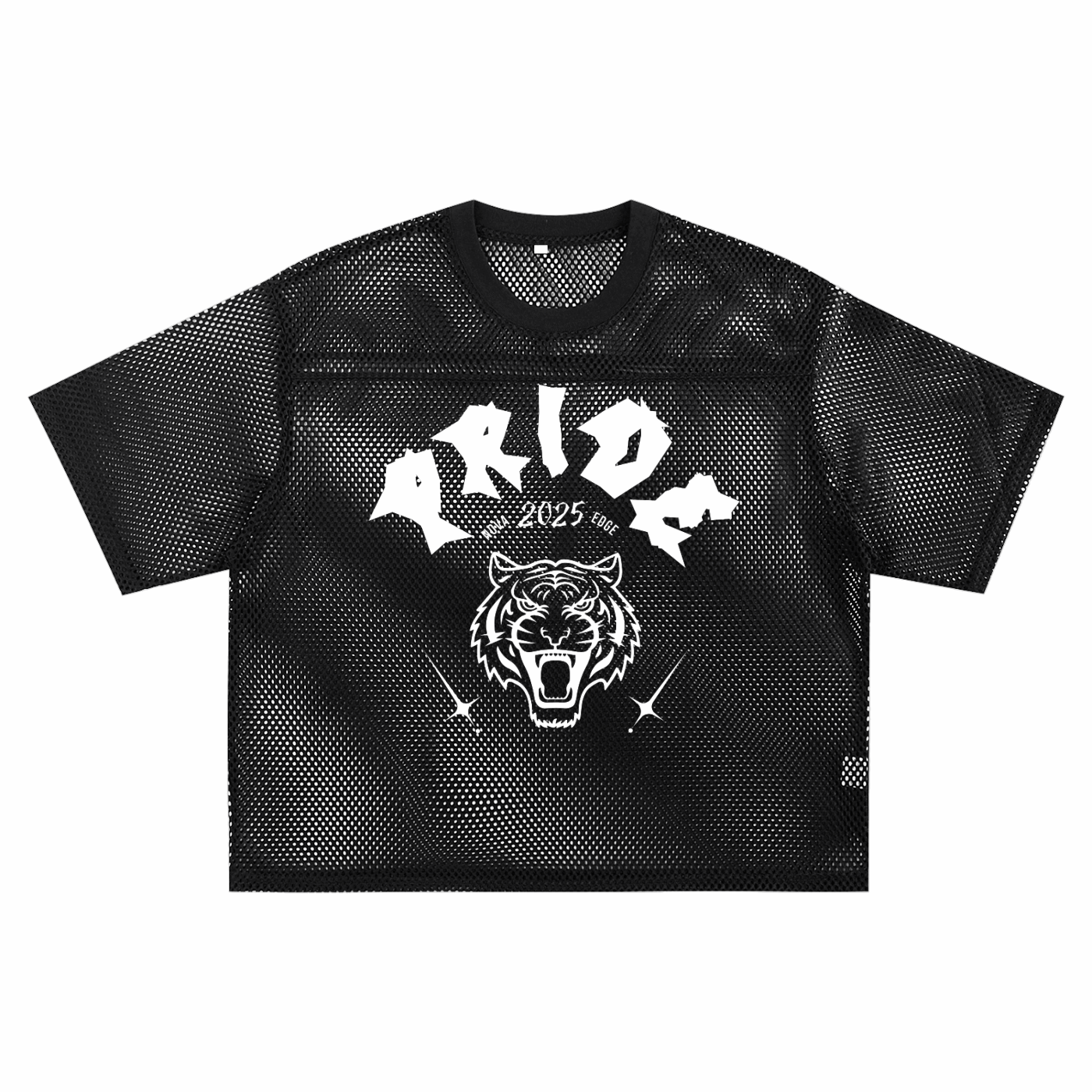 Pride Boxy Mesh Shirt geometrically spiky edges and jaguar face with Nova Edge on either side of 2025