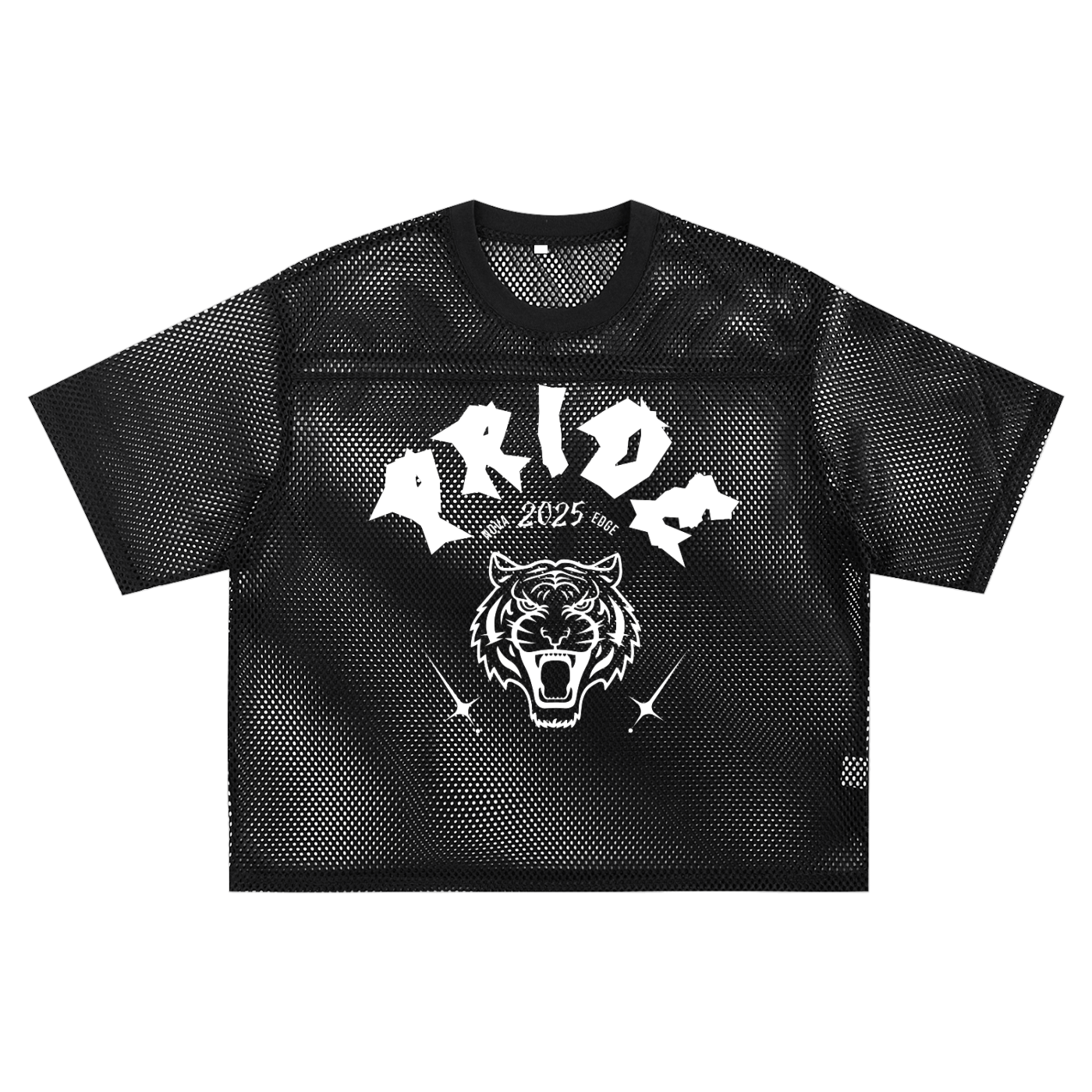 Pride Boxy Mesh Shirt geometrically spiky edges and jaguar face with Nova Edge on either side of 2025