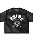 Pride Boxy Mesh Shirt geometrically spiky edges and jaguar face with Nova Edge on either side of 2025