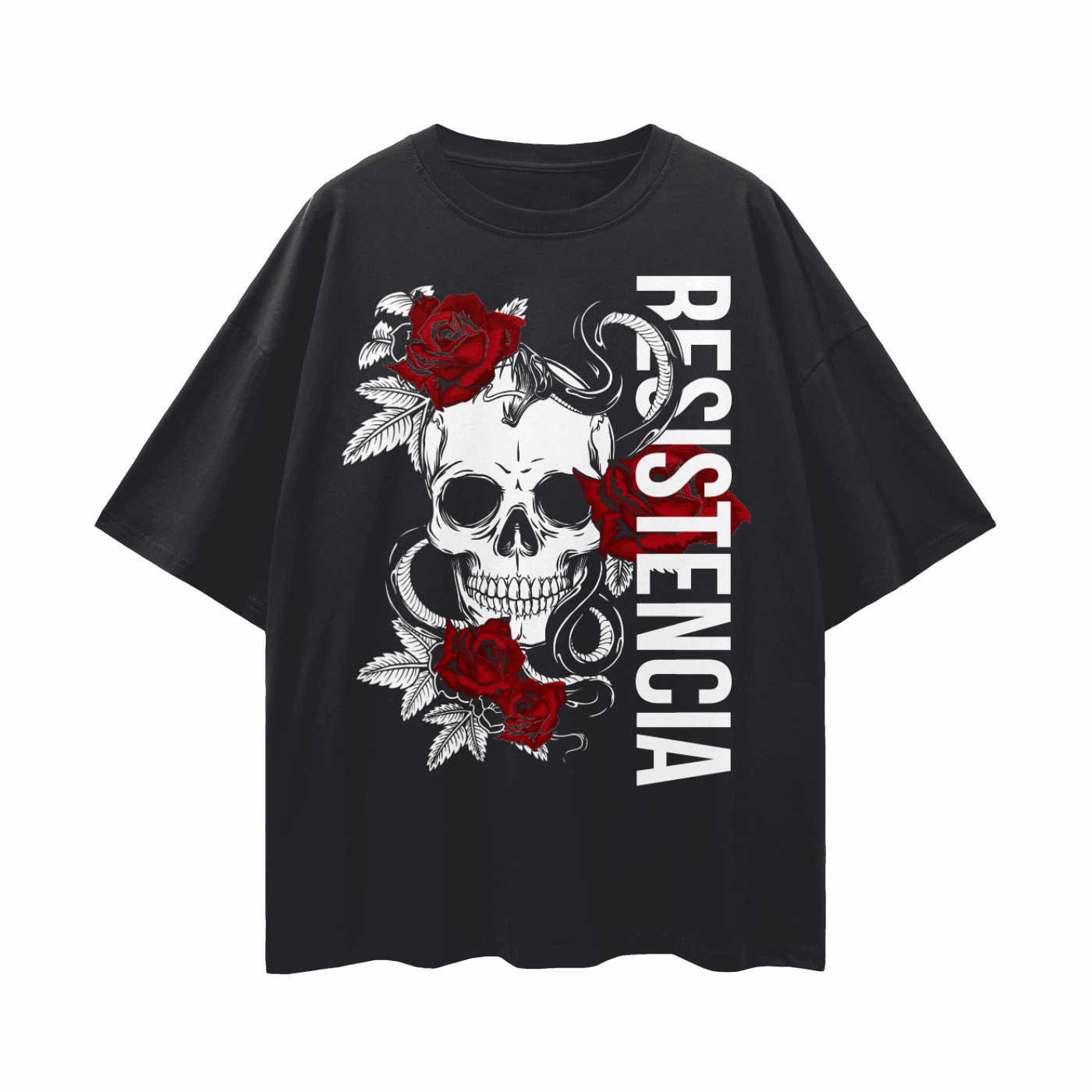 Resistencia español for Resistence Skull & Roses on front of Black Oversize Deep Drop Shoulder Tee Oversize Deep Drop Shoulder Tee - 190 GSM