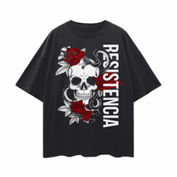 Resistencia español for Resistence Skull & Roses Tattoo Inspired Design on front of Black Oversize Tee Oversize Deep Drop Shoulder Tee - 190 GSM