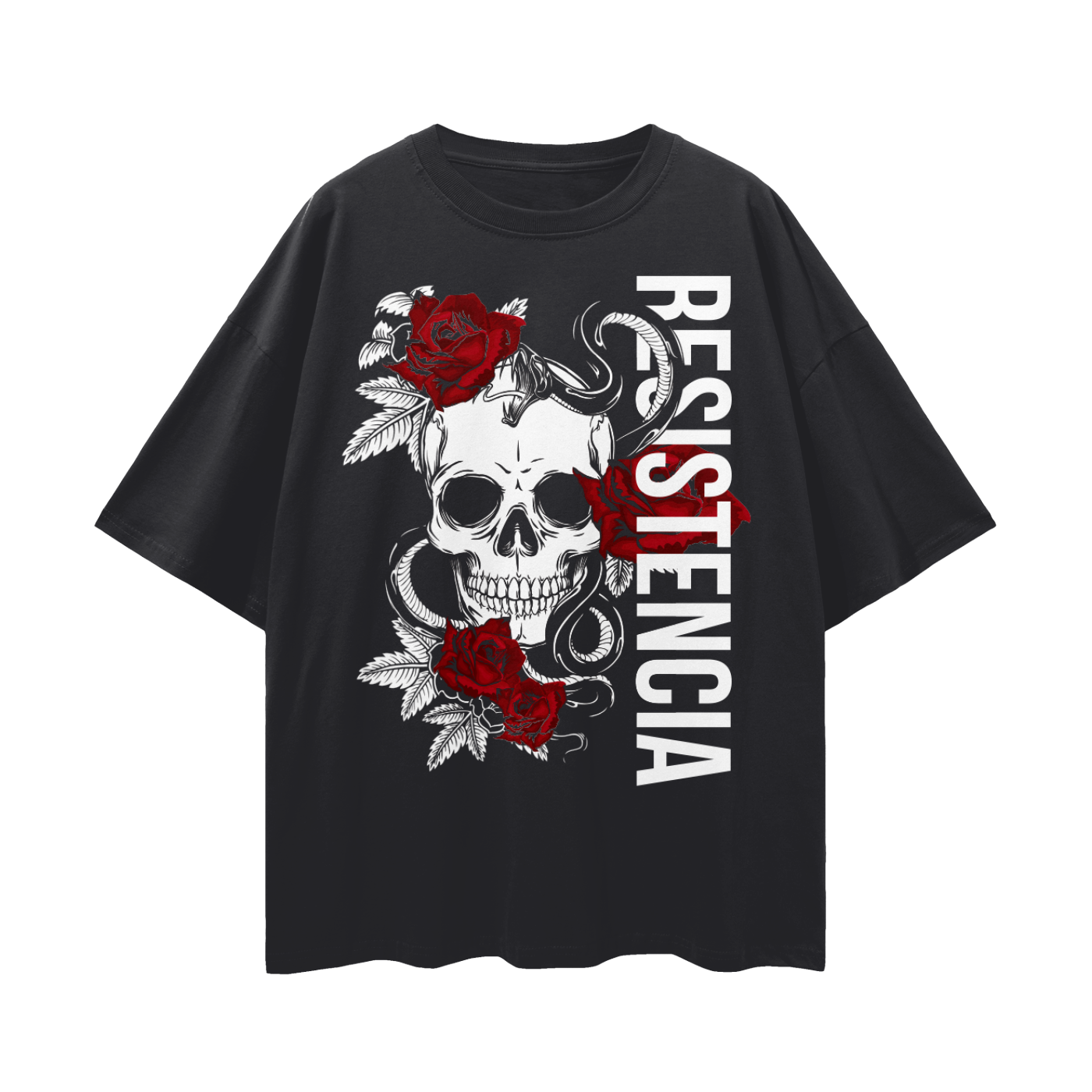 Resistencia español for Resistence Skull & Roses on front of Black Oversize Deep Drop Shoulder Tee Oversize Deep Drop Shoulder Tee - 190 GSM