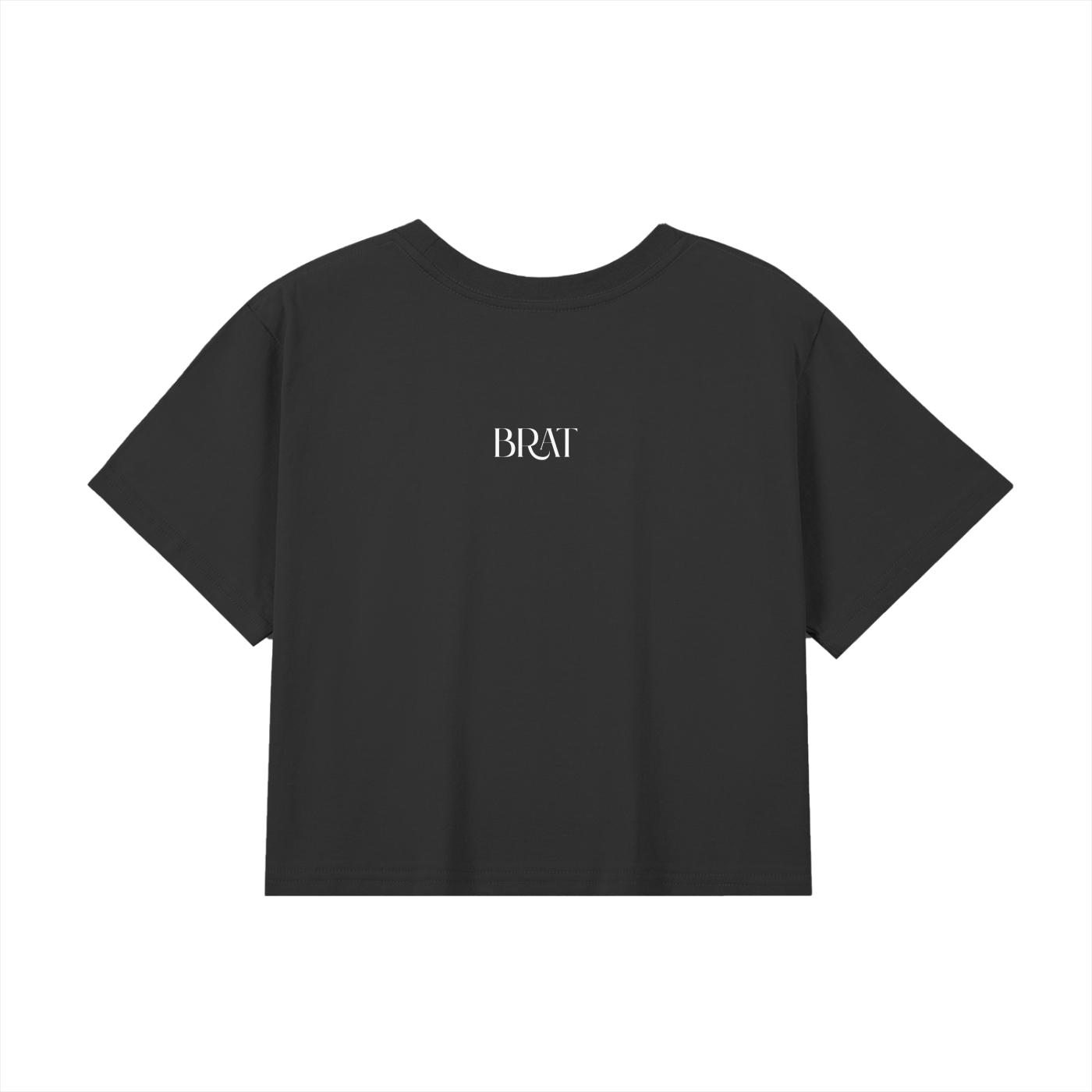 black crop top baby tee with small middle chest print saying BRAT in fun font for Pride Month