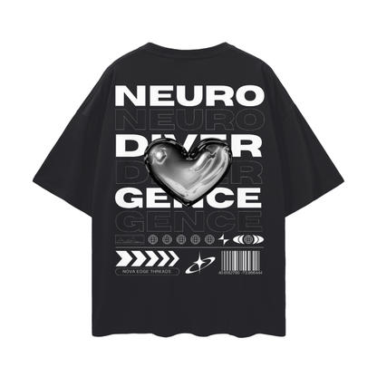 Neurodivergence Graphic Tee Chrome Heart Streetwear Fashion Disability Pride Black Oversize Deep Drop Shoulder Tee - 190 GSM