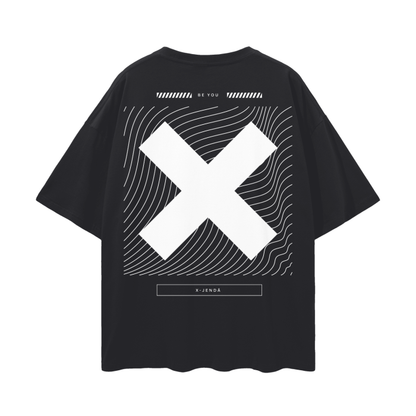 X-Gender Japanese Graphic Design Tee on Black Oversize Deep Drop Shoulder Tee - 190 GSM