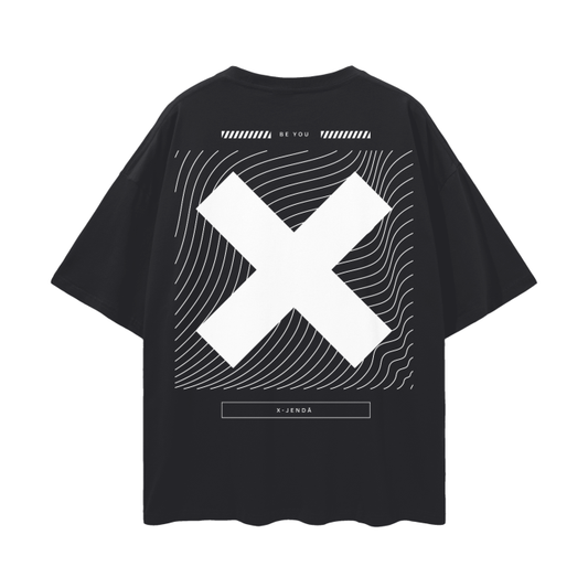 X-Gender Japanese Graphic Design Tee on Black Oversize Deep Drop Shoulder Tee - 190 GSM