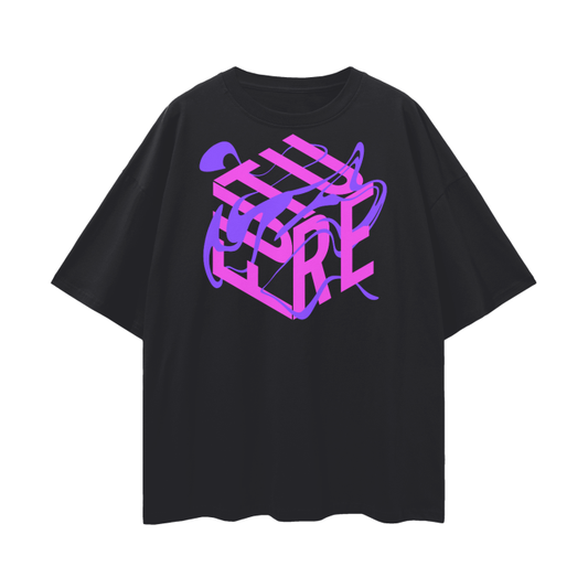 Pink and Purple Future is Fluid Graphic Tee Abstract Art LGBTQIA2S+ Pride on front of Black Oversize Deep Drop Shoulder Tee - 190 GSM