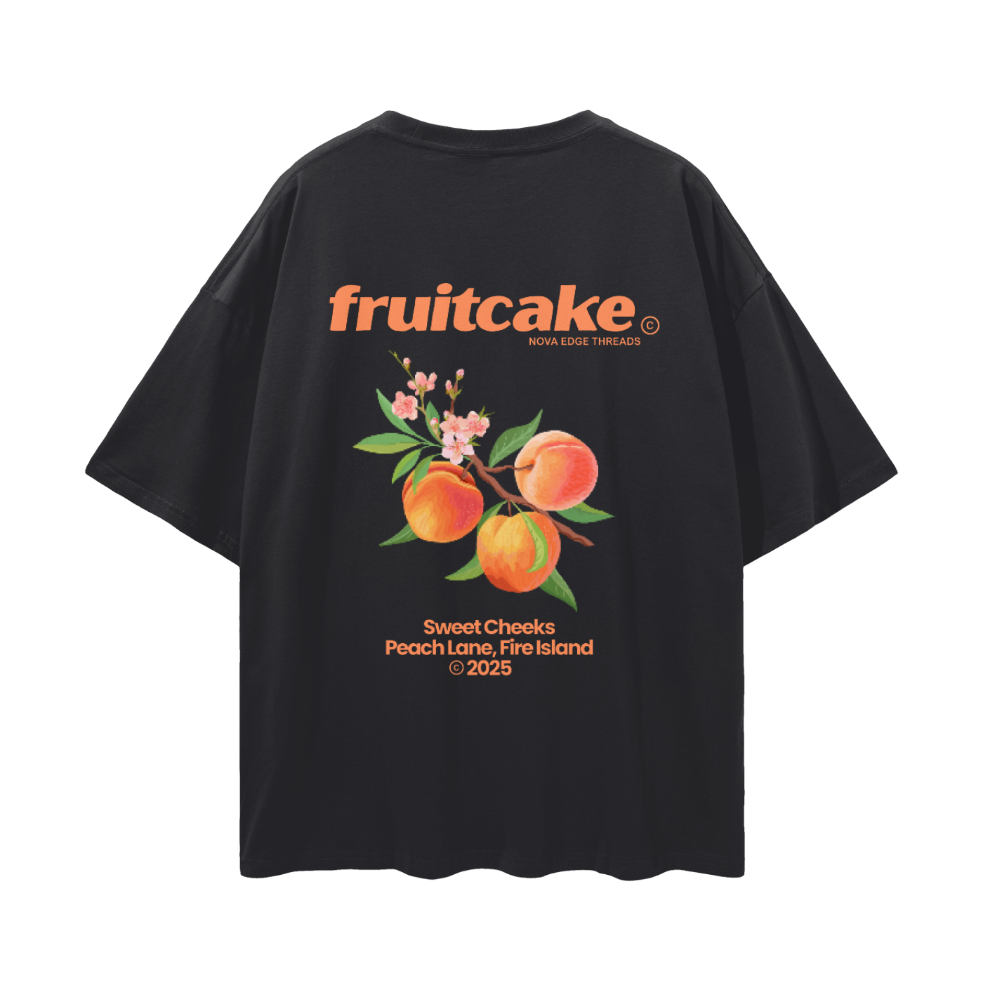 Fruitcake T-Shirt Orange Peaches on back of Gay Pride Black Oversize Tee Oversize Deep Drop Shoulder Tee - 190 GSM